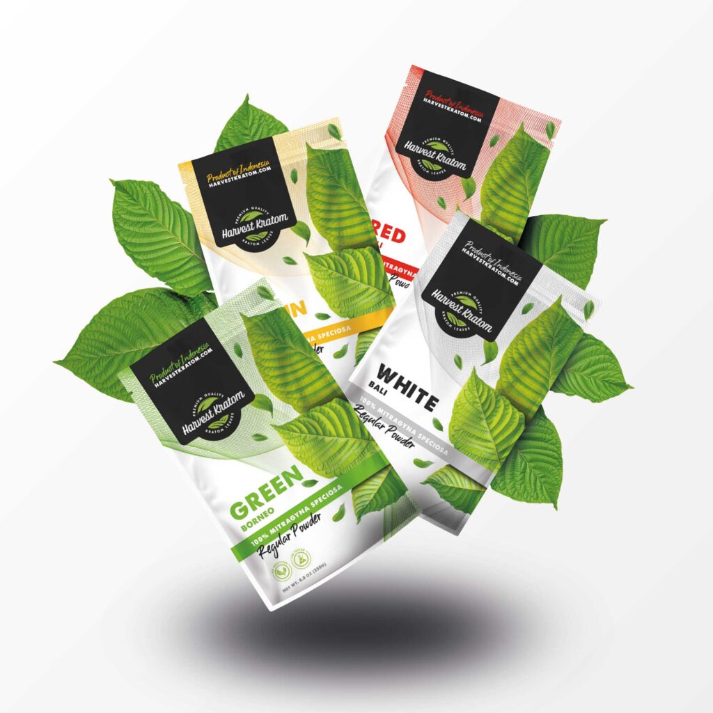 Assortment of Harvest Kratom's premium powder bags in various strains, highlighting the top-quality selection available for those looking to Buy Kratom Online.