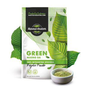 Green Maeng-Da Kratom Powder by Harvest Kratom, showcasing its vibrant green color and fine texture, ideal for customers seeking to Buy Kratom Online.