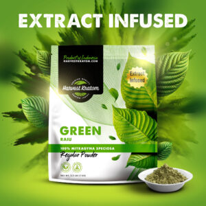 Extract Infused Green Raiu Kratom Powder in artisan pouch with vibrant green powder