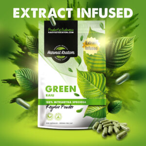 Extract Infused Green Raiu Kratom Capsules in bottle with green capsules spilled on rugged wood surface