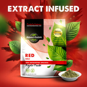 Extract Infused Red Bali Kratom Powder in pouch with soft red-tinted green powder