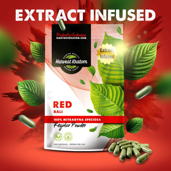 Extract Infused Red Bali Kratom Capsules in bottle with green capsules on calming neutral surface
