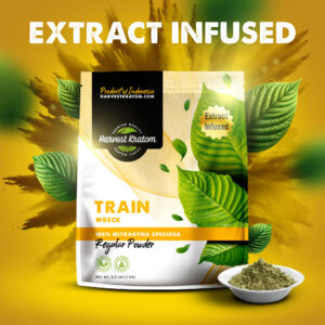 Extract Infused Trainwreck Kratom Powder in branded pouch with multi-toned green powder