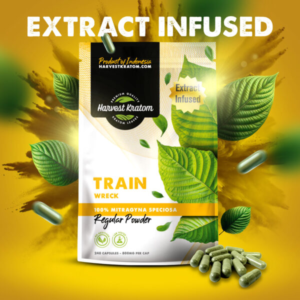 Extract Infused Train Wreck Kratom Capsules in bottle with green capsules scattered around