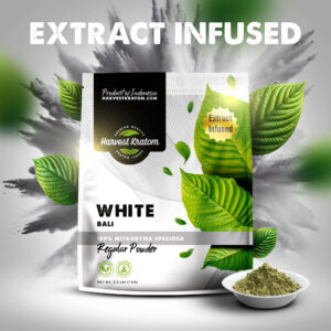 Extract Infused White Bali Kratom Powder in pouch with bright green powder