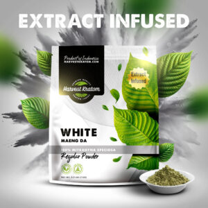 Extract Infused White Maeng Da Kratom Powder in pouch with bright green powder