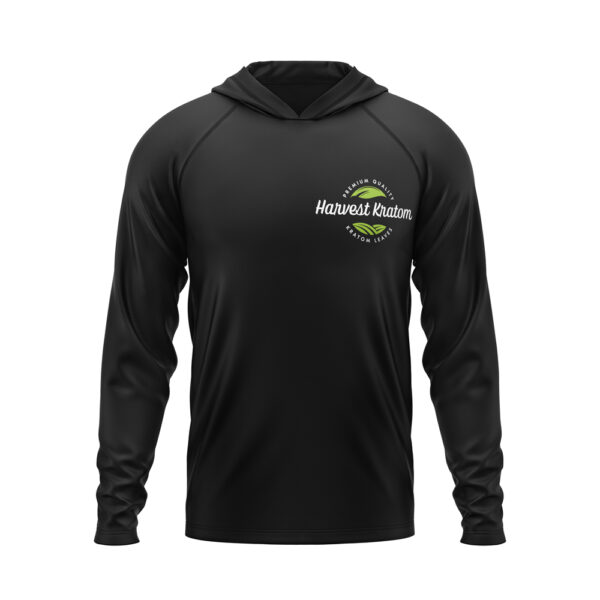 Black Harvest Kratom performance hoodie with front logo – premium quality apparel