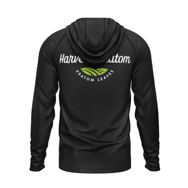 Back view of Harvest Kratom hoodie showing full logo with green leaf design